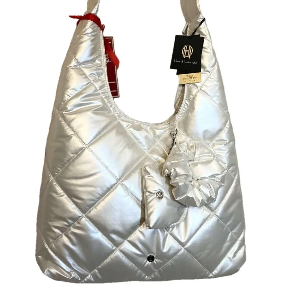 HOUSE OF HARLOW 1960 WHITE/ PEARL QUILTED PUFFER HOBO SET - NWT - Picture 7 of 7